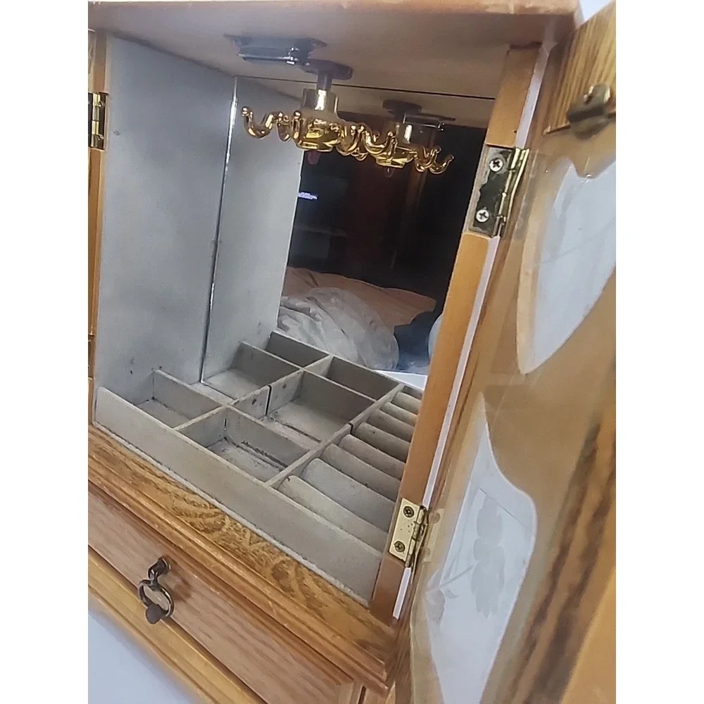Vintage Wooden Musical Jewelry Box Armoire Heart Drawers Etched Glass